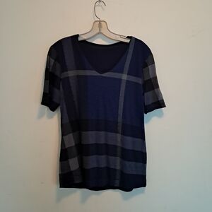 Burberry Shirt Women's Medium M Blue Plaid V-Neck Minimalist Designer Luxury